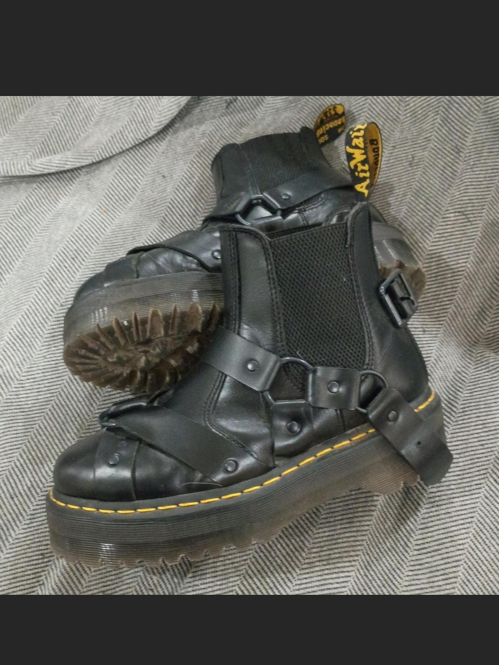Dr. Martens Black Leather Platform Harness Boots with Yellow Stitching